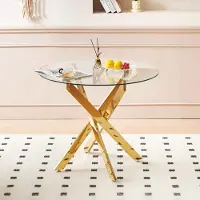 MODFU Eettafel - Glazen Blad En Metalen Poten - Stabiele Constructie - Moderne Stijl - Goudkleurig