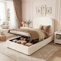 MODFU - Kinderbed - Hydraulische Opbergruimte - Gestoffeerd Hoofdbord - Stof - Beige - 90 X 200 Cm