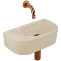 Qeramiq Fuente Fonteinset - 40x21.5x12cm - glad - halfrond - zonder kraangat - keramiek - fonteinkraan geborsteld koper - afvoerplug - verlaagd sifon - beige SW1210765/SW799405/SW799403/SW1108832