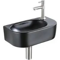 Qeramiq Fuente Fonteinset - 40x21.5x12cm - rechts - glad - halfrond - 1 kraangat - keramiek - fonteinkraan geborsteld rvs - afvoerplug - verlaagd sifon - zwart mat SW1209552/SW696207/SW696217/SW696237