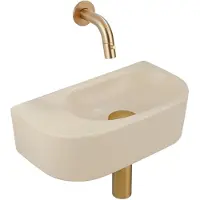 Qeramiq Fuente Fonteinset - 40x21.5x12cm - glad - halfrond - zonder kraangat - keramiek - fonteinkraan geborsteld messing - afvoerplug - verlaagd sifon - beige SW1210765/SW696208/SW696218/SW1108830