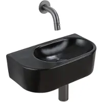 Qeramiq Fuente Fonteinset - 40x21.5x12cm - glad - halfrond - keramiek - fonteinkraan gunmetal - afvoerplug - verlaagd sifon - zwart mat SW1210764/SW769487/SW767295/SW1108831
