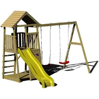 Wendi Toys Houten speeltoren pinguïn glijbaan, klimwand en 2 schommels