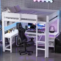 MODFU Hoogslaper 90x200 cm van MDF en grenenhout – wit – met bureau en LED-verlichting – voor thuisstudie
