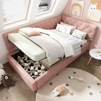 MODFU Bedbank 90x190 cm – Roze fluweel – L-vormig ontwerp – Hydraulische opbergruimte – Flexibel hoofdbord