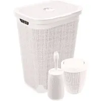 Addis Set 'Hessian' - Wasmand 60 liter - Toiletborstel doseersysteem - Prullenbak swingdeksel - Crème