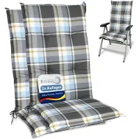Beautissu Sunny BK – Set van 2 Tuinkussens Hoge Rug 120x50 cm met UV-lichtechtheid Comfortabele Tuinstoel Zitkussen Blauw Grijs geruit
