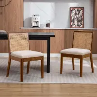 Glamour Vintage Eetkamerstoelen Set van 2 – Rotan Rugleuning & Linnen Zitting – Massief Houten Frame – 54 x 48,8 x 83 cm