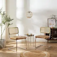 Glamour Luxe Rotan Cantilever Eetkamerstoelen Set van 2 – Kunstleer & Eikenhout Look, Chromen Metalen Sledeframe, Modern Design Keukenstoelen 87cm Hoog