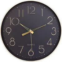OEM Zwarte wandklok, 30,5 cm - Stille, rond klok zonder tikgeluid, met gouden cijfers, geschikt voor woonkamer, slaapkamer en keuken