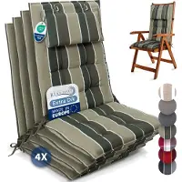 Beautissu Sun-HL – Set van 4 Premium Hoge Rugleuning Stoelkussen 120x50 cm – UV-bestendig – 8cm Dik – met Hoofdkussen & Bevestigingsbanden – Antislip – Groen Gestreept