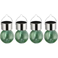 Sunnydays Solar sfeer hanglamp - 4x - tuin - lampenbol - groen - glas - 9 cm - ophang haakje