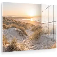 MuchoWow Glasschilderij 160x120 cm - Schilderij acrylglas - Duinen - Strand - Zee - Foto op glas - Muurdecoratie woonkamer - Wanddecoratie slaapkamer - Schilderijen