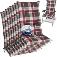 Beautissu Sunny RK – Set van 8 Tuinkussens Hoge Rug 120x50 cm met UV-lichtechtheid Comfortabele Tuinstoel Zitkussen Rood Grijs geruit
