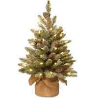 National Tree Company Snowy Burlap kunstkerstboom net sneeuw, dennenappels en LED-verlichting 61 cm