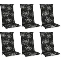Beautissu Flores – Set van 6 Tuinkussens Hoge Rug 120x50x6 cm Zitkussen Tuinstoel UV-lichtecht Tuinstoelkussens Zwart Kussen met Print