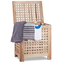 Relaxdays Wasmand Walnoot met deksel en uitneembare waszak, opbergmand