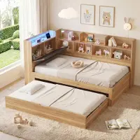 MODFU - Kinderbed - Met Uitschuifbed, Led-Verlichting En Opbergruimte - L-Vormig - MDF - Natuurlijke Kleur - 90x200 cm