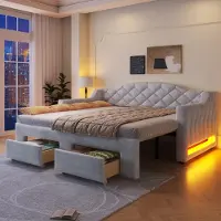 Flieks slaapbank 90x200 cm met uitschuifbed, dagbed met 2 lades, gestoffeerd bed voor tieners met kunstleer, houten bed als gastenbed, fluweel, grijs
