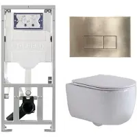 Geberit QeramiQ Dely Swirl Toiletset - 36.3x51.7cm - diepspoel - rimless - UP320 inbouwreservoir - met Burda frame - slim zitting - geborsteld messing bedieningsplaat - rechtehoekige knoppen - mat wit