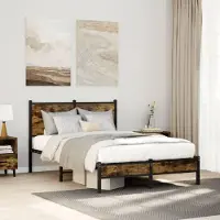 Laura Metalen Bedframe 120x190 cm met Hoofdbord en Opbergruimte – Industrieel Stalen Bed met Lattenbodem, Smoked Oak Design, Stevig en Duurzaam