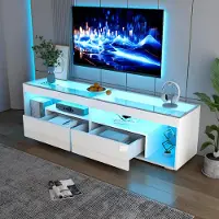 STILVORA TV-Meubel - Hoogglans met Dimbare LED en 2 Laden - Afstandsbediening en App voor Sfeerverlichting - Spaanplaat met Gehard Glas - 180x40x46 cm - Wit