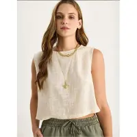 Bianco Linnenmix Korte Crew Neck Blouse