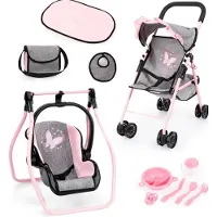 Bayer Opvouwbare poppenbuggy, poppenwagen, dubbele wielen, tas, aankleedkussen, wieg, accessoires in jeans-grijs, roze