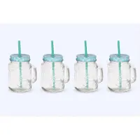 COSY&TRENDY Cosy & Trendy Drinkbekers Set van 4 – Glazen Bekers met Oor, Blauw Geruit Deksel en Rietje – 350 ml
