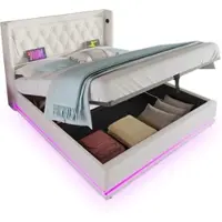 HAUSS SPOLE Tweepersoonsbedden - 140x190 cm - Gestoffeerd Bed Met Verstelbaar Hoofdboard - Hydraulische Opbergruimte Onder Bed - Fluweel - Beige