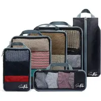 Sunflake Compressie Pak Kubussen - Koffer Organizer Set - 6 stuks - Rugzak Compressie Kubussen - Met Compressierits - Mesh Zwart -