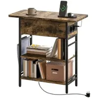 MODFU ovale eettafel met houten lamellen en een metalen voet, nachtkastje met een uitschuifbaar tafelblad, geschikt voor maximaal 6 personen, bruin