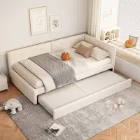 MODFU Bedframe 90x200 cm – Gestoffeerd fluweel met uittrekbaar bed – Luxe dagbed – Beige – MDF