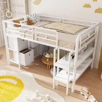 MODFU Hoogslaper 90x200 cm – Wit metaal/MDF – Lage hoogslaper – Brede trap – Opberglades & open vakken – 150 kg