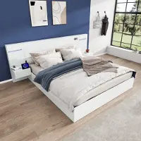 MODFU Bedframe 160x200 cm – Bluetooth speaker & LED-verlichting – Met nachtkastjes en USB-C – Modern slaapkamermeubel van MDF – Wit