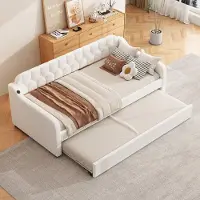 MODFU Ledikant 90x200 cm – Beige linnen – Met uitschuifbed & USB – Slaapbankfunctie