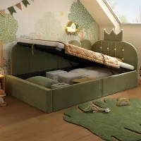 OKWISH Daybed 90x200 cm - Met Hydraulische Opbergruimte - L-Vormig Logeerbed - Verwisselbare Zijde - Fluweel - Groen - Zonder Matras