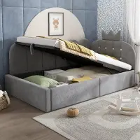 MODFU Dagbed 90x190 cm – Met hydraulische opbergruimte – Omkeerbare L-vorm – Kroonontwerp – Fluweel – Grijs