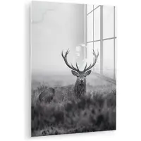 MuchoWow Glasschilderij 120x160 cm - Schilderij acrylglas - Hert - Mistig - Zwart - Wit - Foto op glas - Muurdecoratie woonkamer - Wanddecoratie slaapkamer - Schilderijen