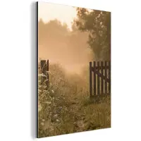 MuchoWow Aluminium schilderij 30x40 cm - Wanddecoratie metaal - Hek - Natuur - Mist - Veld - Metalen muurdecoratie woonkamer - Decoratie industrieel - Foto op dibond - Industriële accessoires slaapkamer