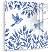 MuchoWow Glasschilderij 90x90 cm - Schilderij acrylglas - Modern - Vogels - Delfts - Blauw - Foto op glas - Muurdecoratie woonkamer - Wanddecoratie slaapkamer - Schilderijen