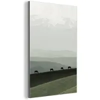 MuchoWow Aluminium schilderij 120x180 cm - Wanddecoratie metaal - Grijs - Berg - Paarden - Metalen muurdecoratie woonkamer - Decoratie industrieel - Foto op dibond - Industriële accessoires slaapkamer