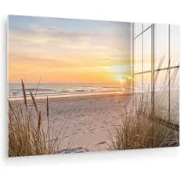 MuchoWow Glasschilderij 180x120 cm - Schilderij acrylglas - Zonsondergang - Duinen - Zee - Foto op glas - Muurdecoratie woonkamer - Wanddecoratie slaapkamer - Schilderijen
