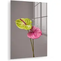 MuchoWow Glasschilderij 60x80 cm - Schilderij acrylglas - Planten - Anthurium - Groen - Roze - Foto op glas - Muurdecoratie woonkamer - Wanddecoratie slaapkamer - Schilderijen