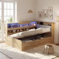 MODFU - Kinderbed Met Opbergruimte - Hydraulisch En Omkeerbaar - Met Ledverlichting En USB-Aansluiting - MDF - Naturel - 90 X 200 Cm