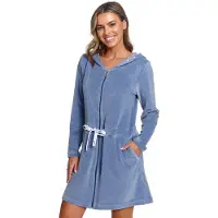 Doctor Nap Velours Badjas Dames Met Capuchon Rits en Zakken SWO.1008 Sky Blue 46 / 3XL