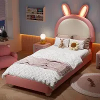 Flieks kinderbed, 90x200 cm, met een konijnenvormig hoofdeinde, bekleed eenpersoonsbed met lattenbodem en hoofdeinde, PU, wit/roze