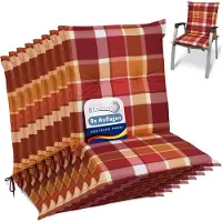 Beautissu Sunny RO – Set van 8 Tuinkussens Lage Rug 100x50 cm met UV-lichtechtheid Comfortabele Tuinstoel Zitkussen Rood geruit