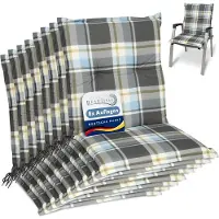 Beautissu Sunny BK – Set van 8 Tuinkussens Lage Rug 100x50 cm met UV-lichtechtheid Comfortabele Tuinstoel Zitkussen Blauw geruit