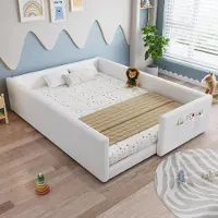 Flieks kinderbed 140x200 cm met opbergzakken, kinderbed met twee matrassen, bekleed met een uitvalbeveiliging en lattenbodem, vloerbed, wit